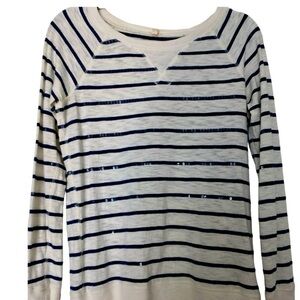J Crew T-shirt, long sleeve, cream with blue stripes, clear sequins. Banded hem.